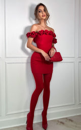 Valentina Red Rose Appliqué Off-the-Shoulder Mini Party Dress