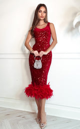 Guest Of Honour Red Sequin Oval Neckline Feathered Hem Midi Dress