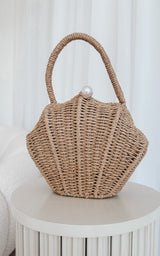 Rattan SeaShell Pearl Clutch Summer Top Handle Hand Bag