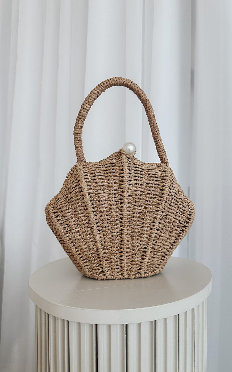 Rattan SeaShell Pearl Clutch Summer Top Handle Hand Bag