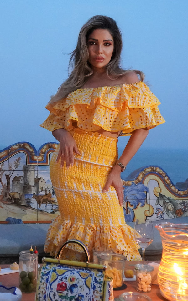 Ciao Bella Yellow Embroidery Two Pieces Ruffled Top & Skirt Summer Set