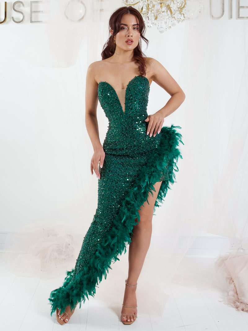 Emerald green feather skirt best sale bodycon dress