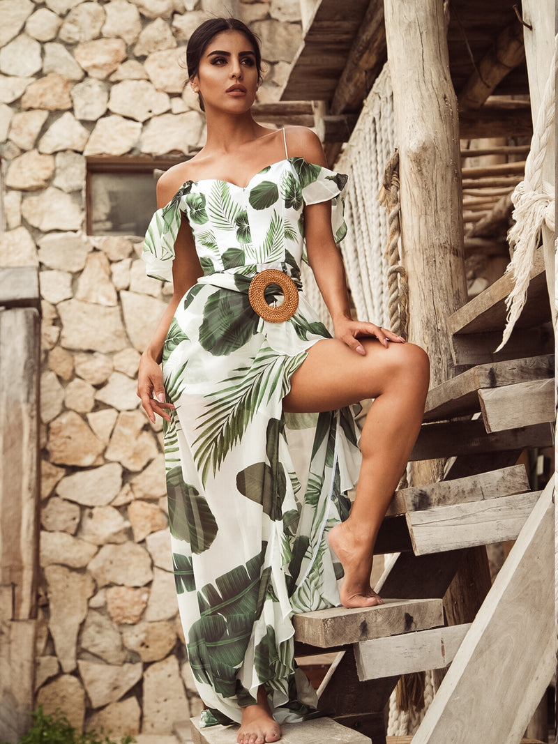 Moments In Tulum Tropical Print Wrap Over Straw Buckle Catsuit Dress –  HOUSE OF MAGUIE